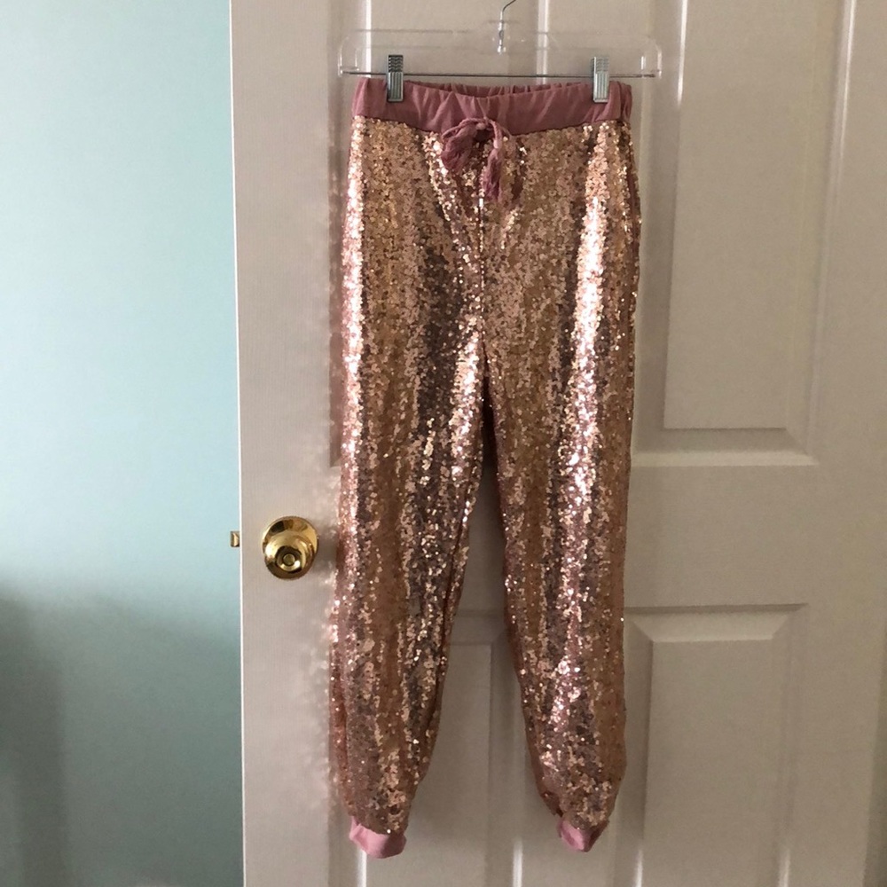 Rose gold sequin joggers